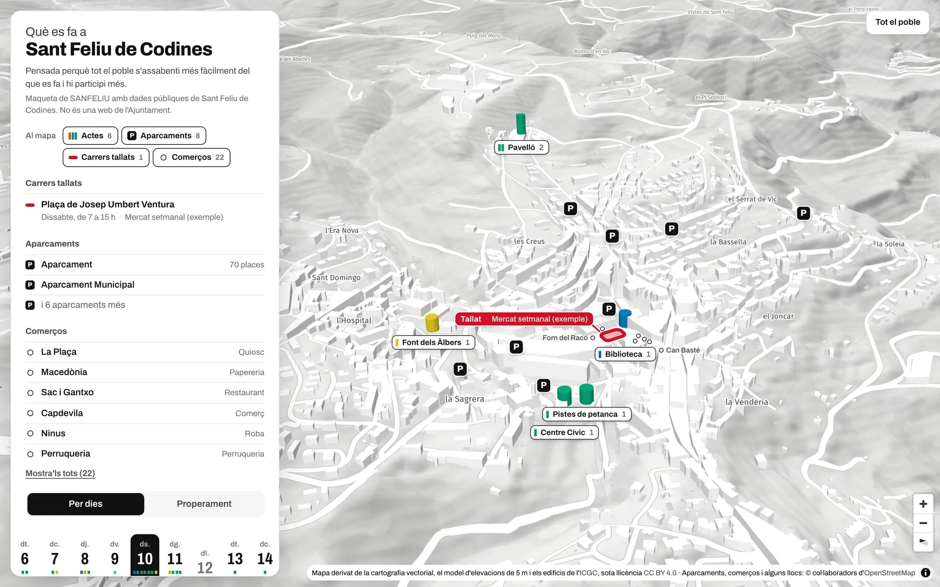 Maqueta de las capas nuevas en Sant Feliu de Codines: en el mapa, los aparcamientos marcados con una P, una calle cortada de ejemplo en rojo y los comercios; en el panel, la lista de cada capa.