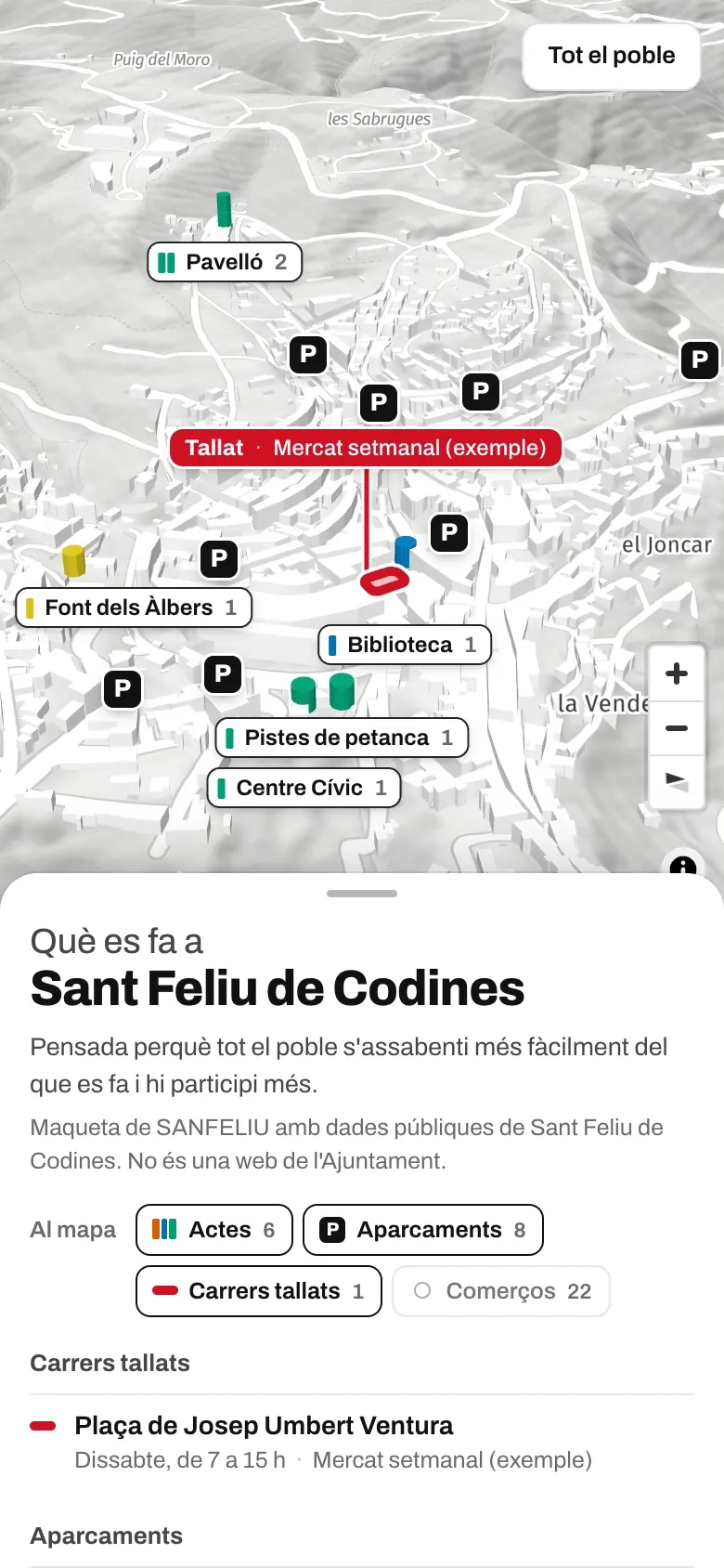 La misma maqueta en un móvil: el mapa con los aparcamientos y la calle cortada de ejemplo, y debajo la lista de calles cortadas.