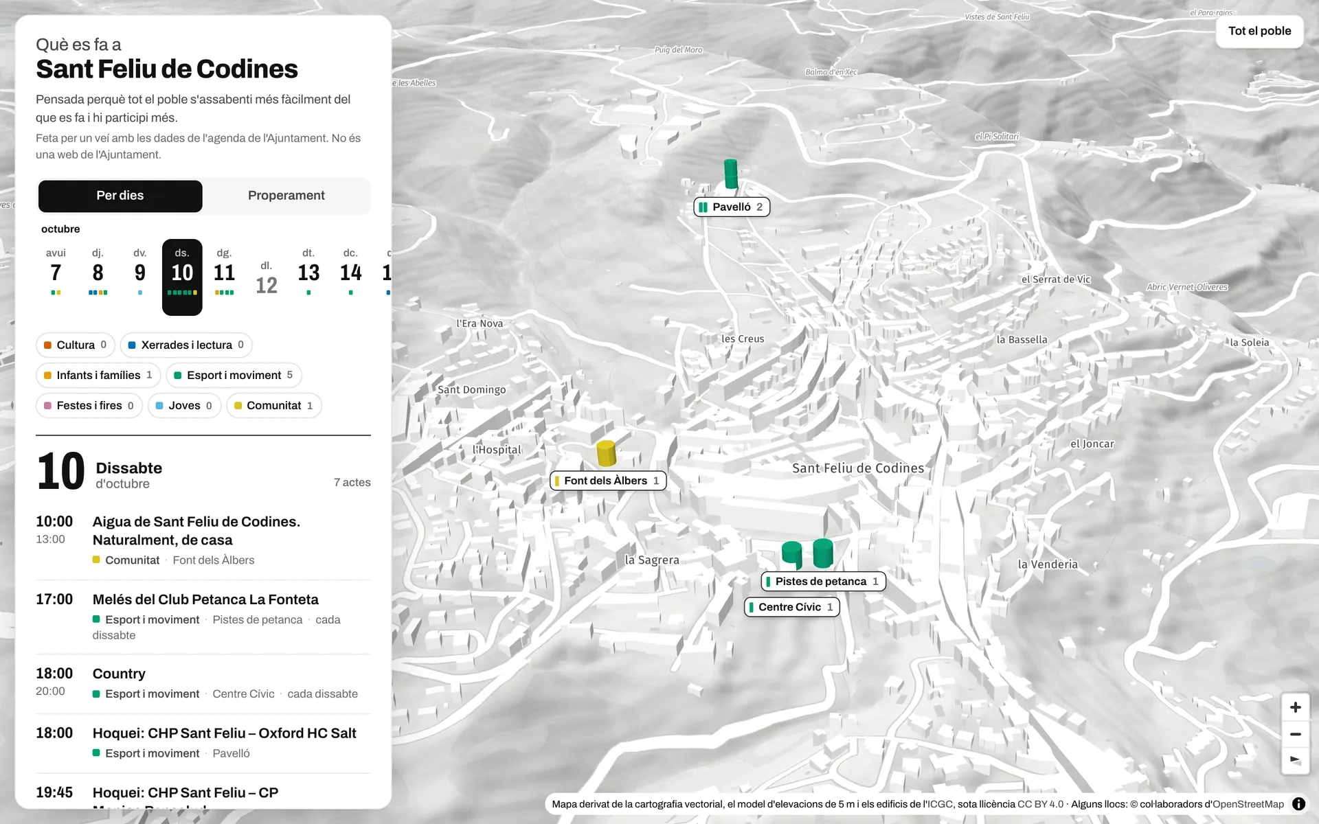 Captura de «Què es fa a Sant Feliu de Codines» en un ordenador: la lista de los actos de un sábado, con la hora y el lugar de cada uno, y el mapa 3D con una torre de color en el Pavelló, la Font dels Àlbers, las Pistes de petanca y el Centre Cívic.