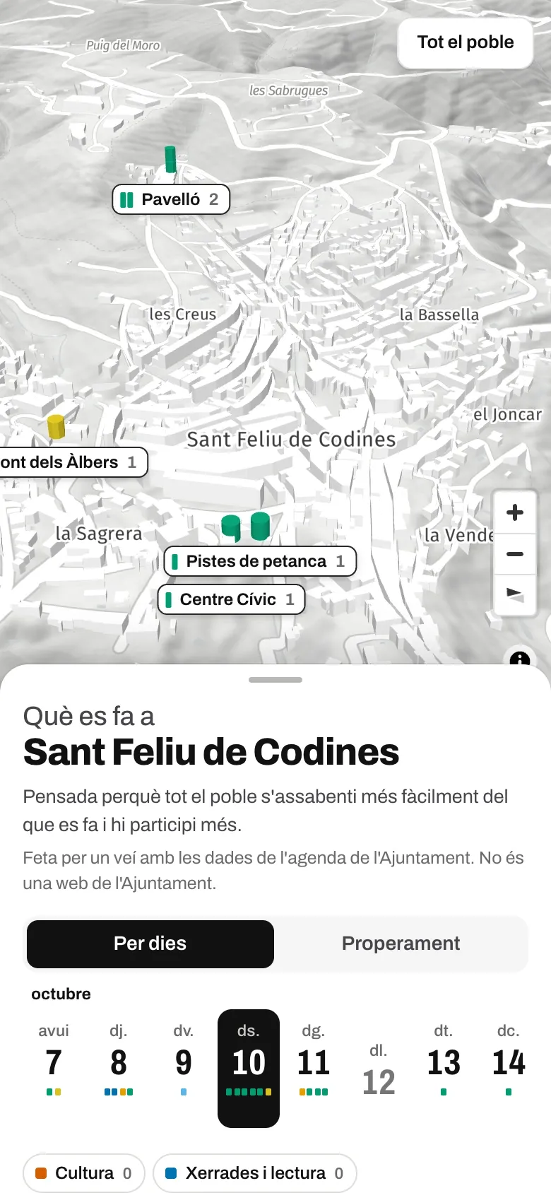 La misma web en un móvil: el mapa 3D arriba, con los lugares donde hay actos, y la agenda debajo.